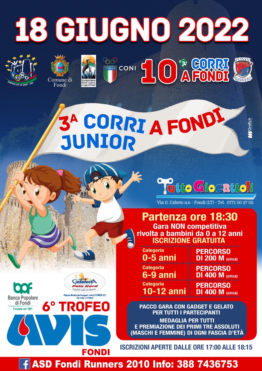 Sabato 18 giugno la terza edizione di "Corri a Fondi Junior"